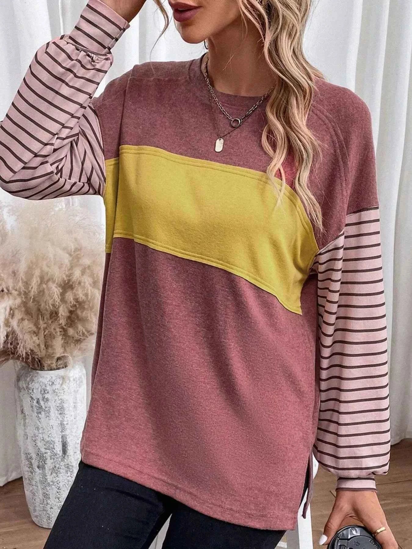 Striped Color Block Long Sleeve T-Shirt e103ae70-fc37-4eb8-b4ea-d8828d266fe4-Max-Origin