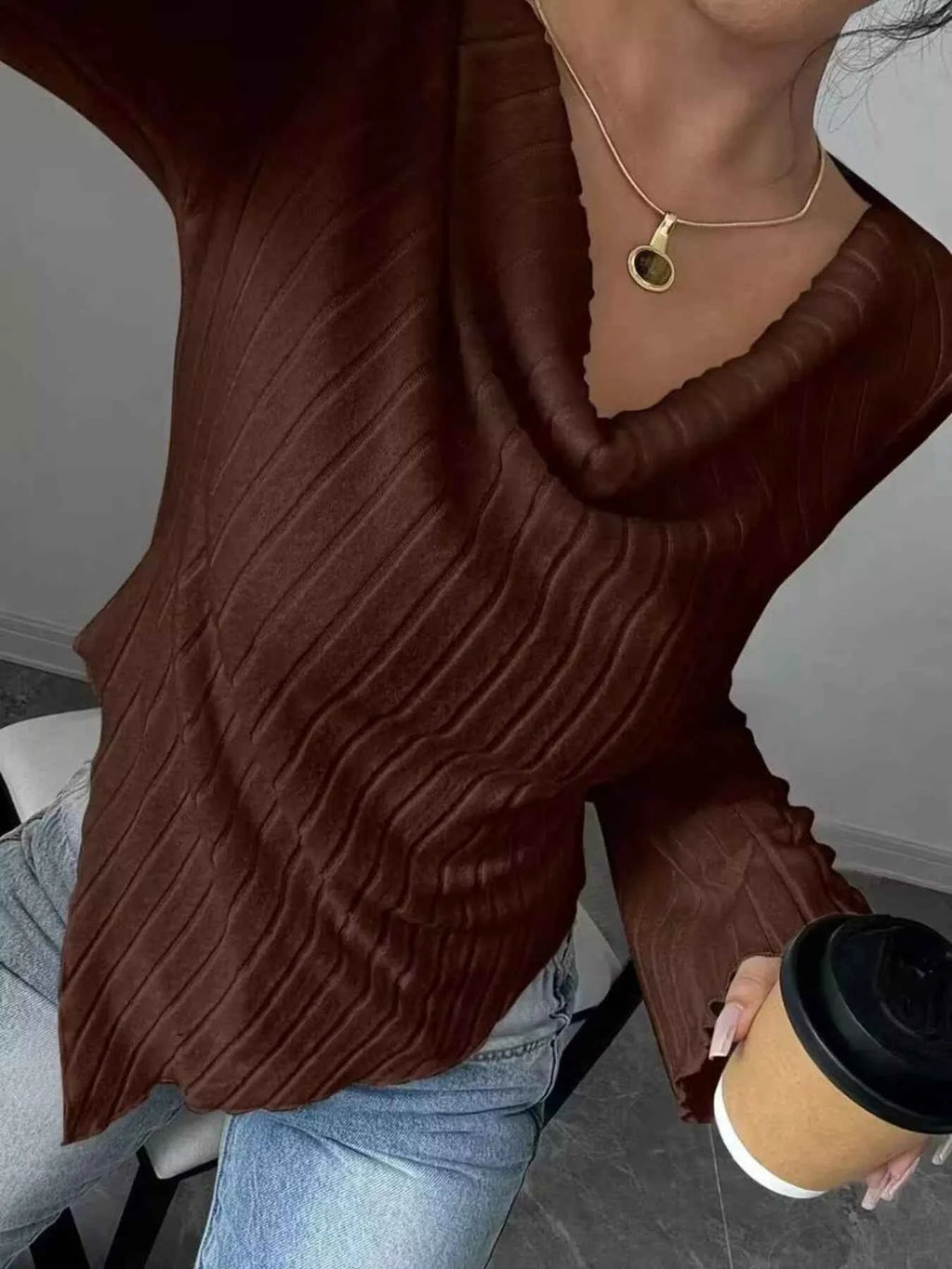 Cowl Neck Ribbed Knit T-Shirt e103fd1203b24b33b7f700181602502c-Max-Origin