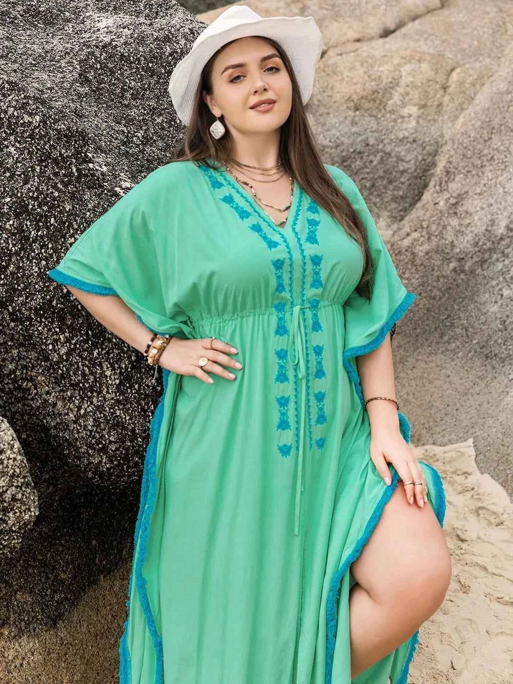 Plus Size Tied Fringe V-Neck Half Sleeve Dress e105fee9-6b24-422d-97d9-178fa2bf0671-Max