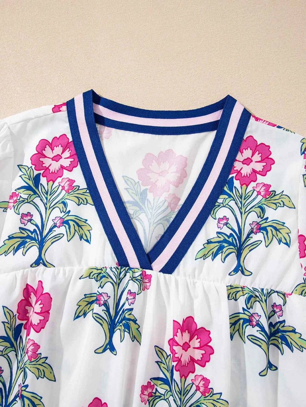 Floral Print Striped V Neck Blouse e106032b2d264a1c9f93dc891ed035f0-Max-Origin