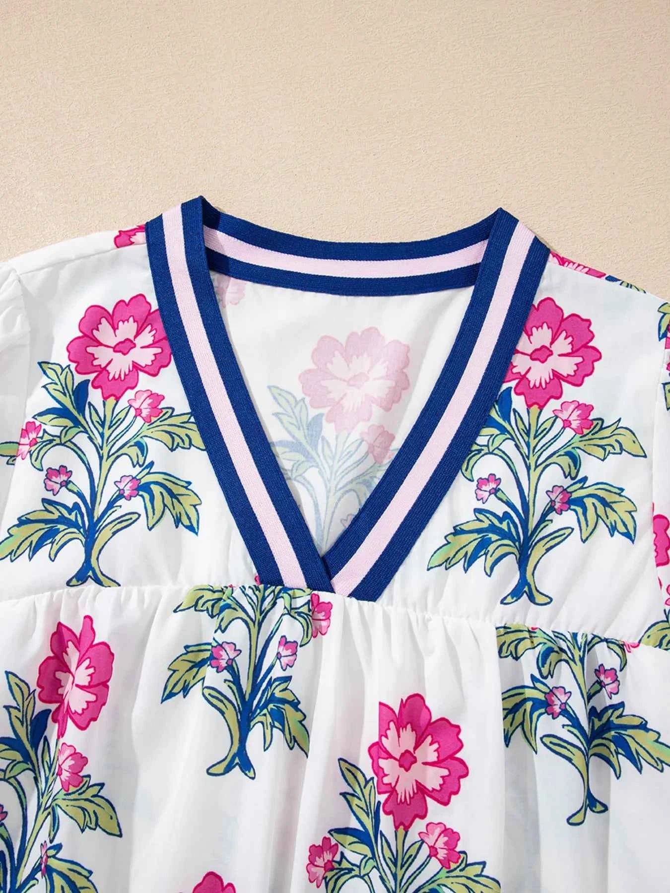 Floral Print Striped V Neck Blouse e106032b2d264a1c9f93dc891ed035f0-Max-Origin