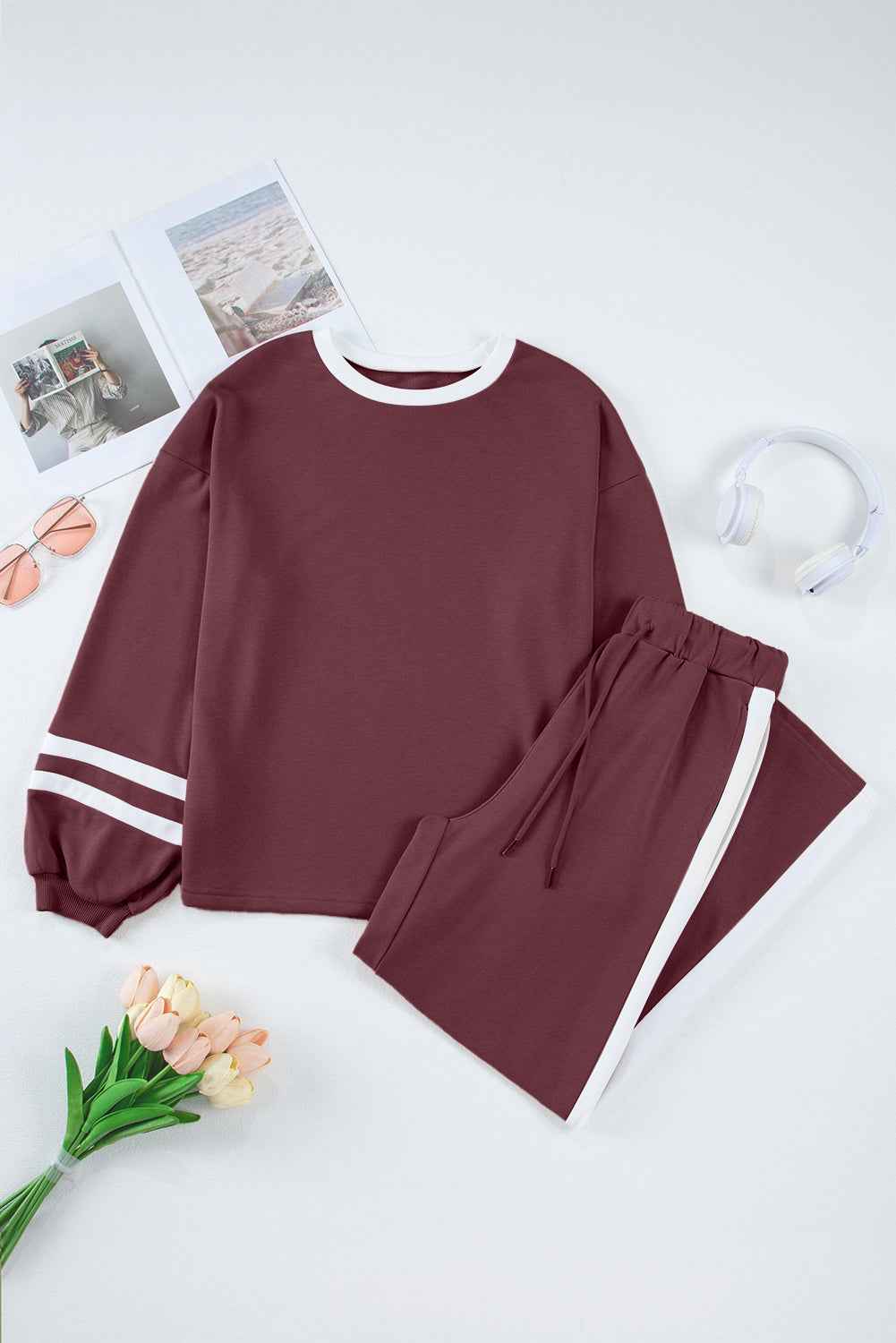 Mineral Red Varsity Stripe Patchwork Puff Sleeve Pullover Drawstring Wide Leg Pant Set e11134ffb3061e4b