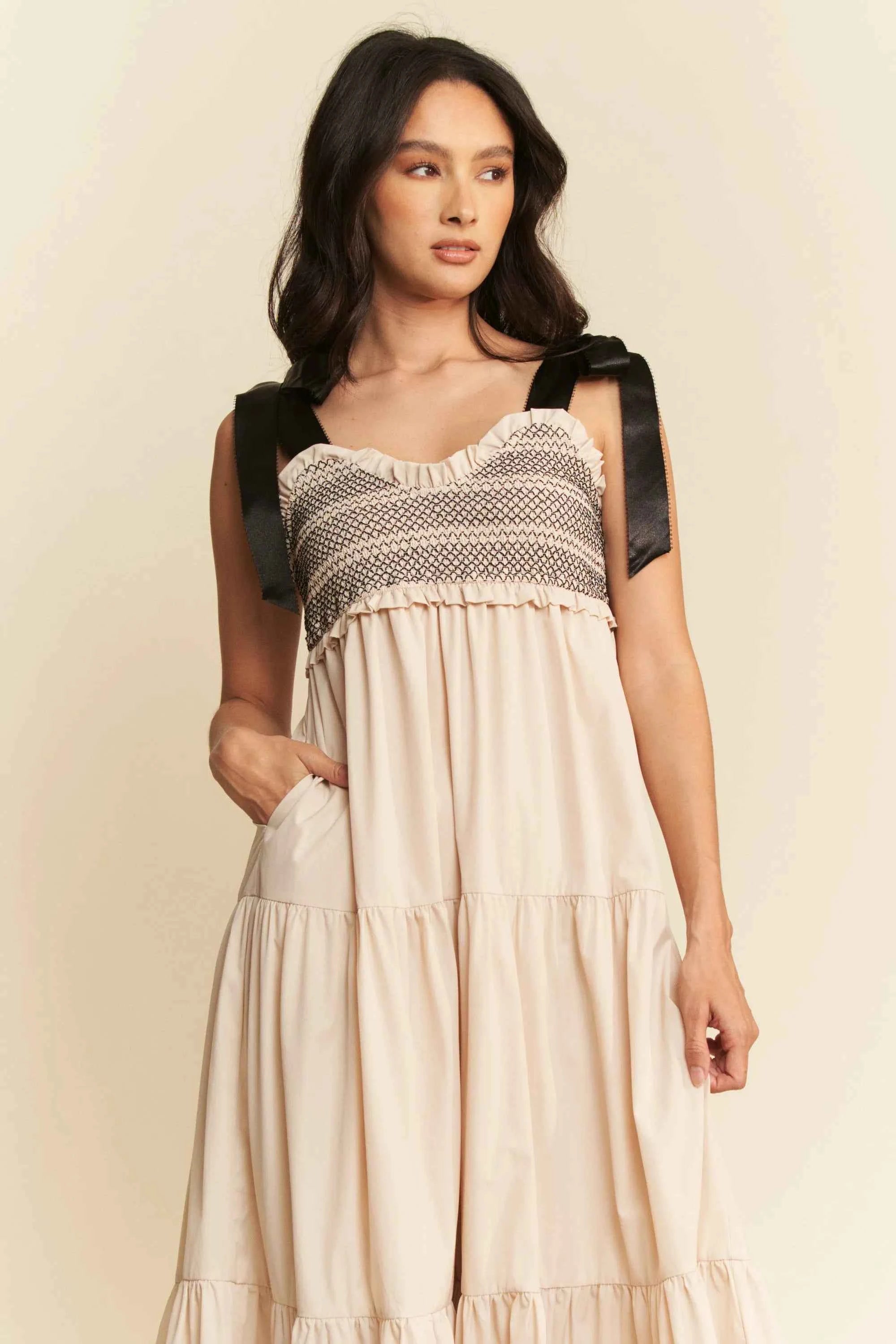 Davi & Dani Multi Contrast Smocked Bodice Straps Maxi Dress e113856461e048a1a1953d55e583cf02-Max-Origin