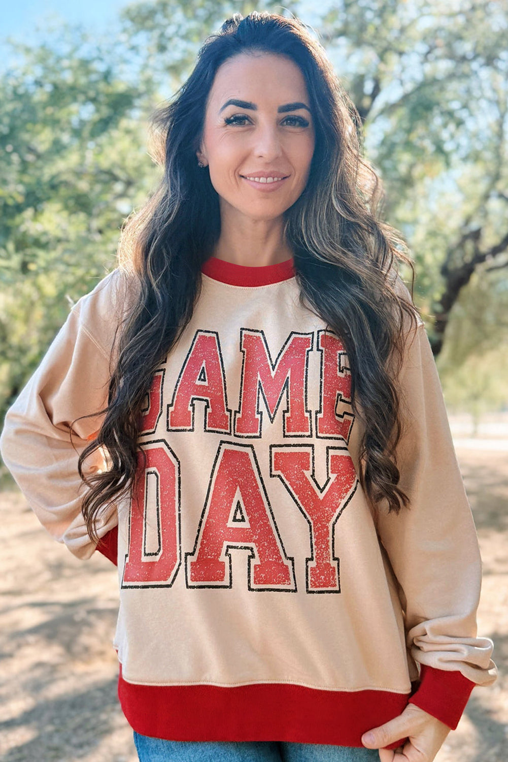 Oatmeal GAME DAY Letter Contrast Trim Baggy Sweatshirt e11443fb5360ed6b