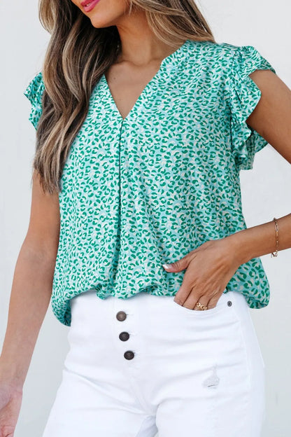 Notched Leopard Ruffle Short Sleeve Blouse
