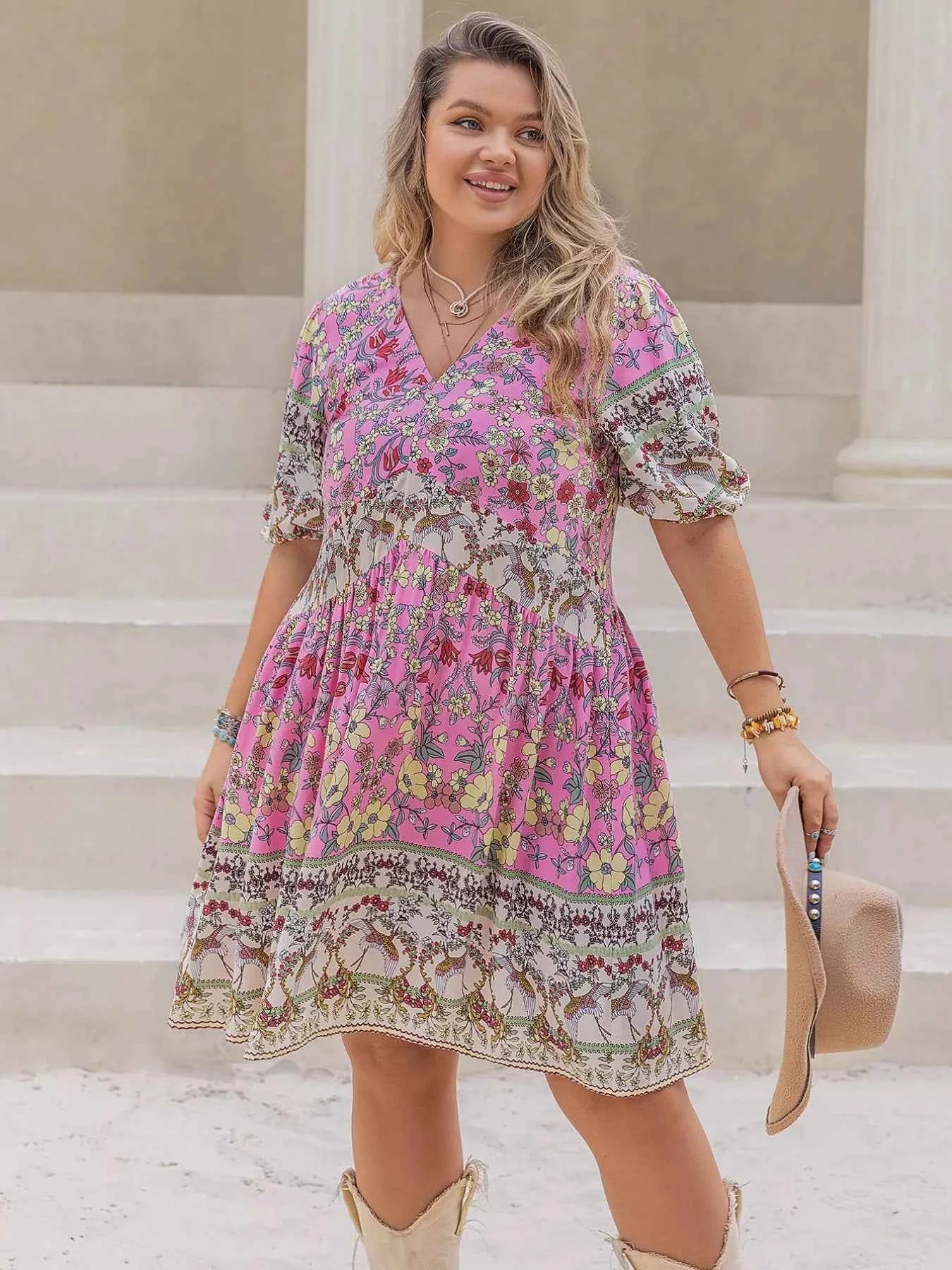 Plus Size Floral Print V-Neck Puff Sleeve Summer Dress e11a362b-32a2-4ec8-ac85-312cac0cdf7e-Max-Origin