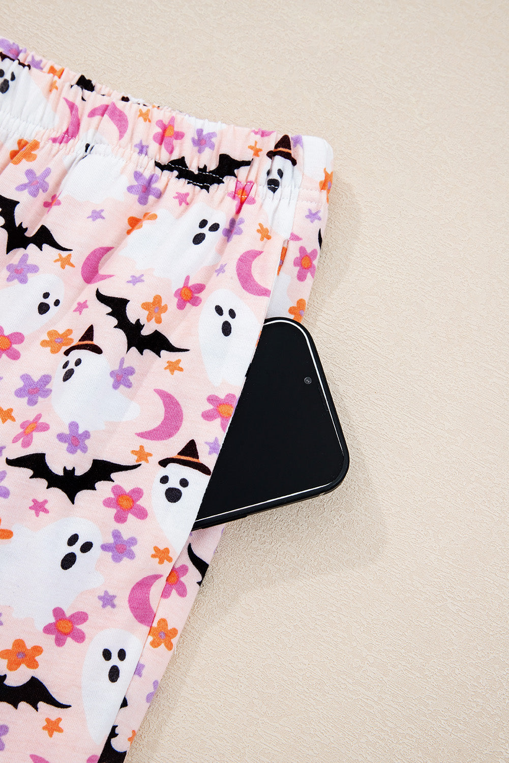 Pink Cute Floral Halloween Ghost Print Long Pajama Set e11b451543d1f98b