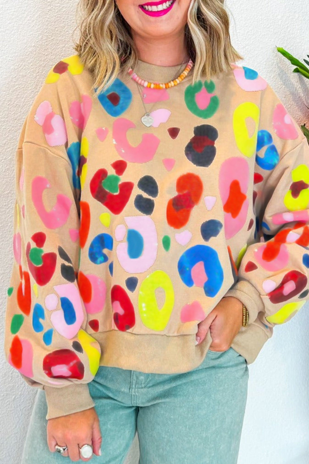Khaki Funny Leopard Print Drop Shoulder Pullover Sweatshirt Khaki 100%Polyester e11dded3e652e0c3