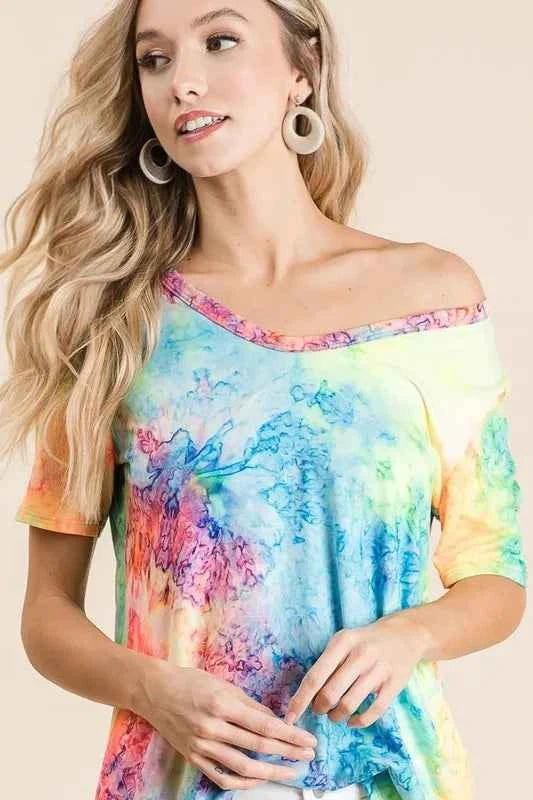 BiBi Tie Dye Print Jersey V Neck Top e11f011f8e464ab4ba0ceafd9c861f3a-Max-Origin