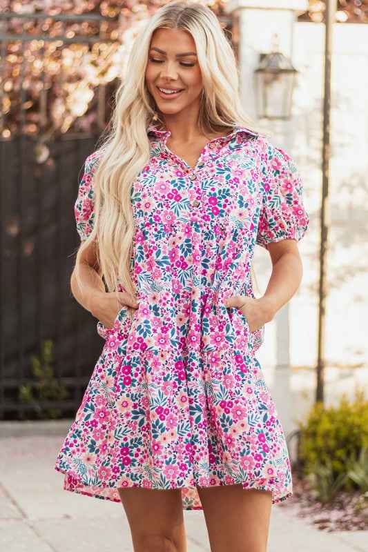 Floral Collared Half-Placket Short Sleeve Mini Dre e127dd69-74ed-4828-8337-060b7d4f5fa9