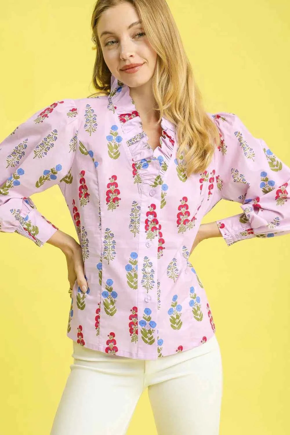 Floral Print Lantern Sleeve Button Down Shirt e130b612-e863-4a9c-b3a1-11b3fe2b84dc-Max-Origin