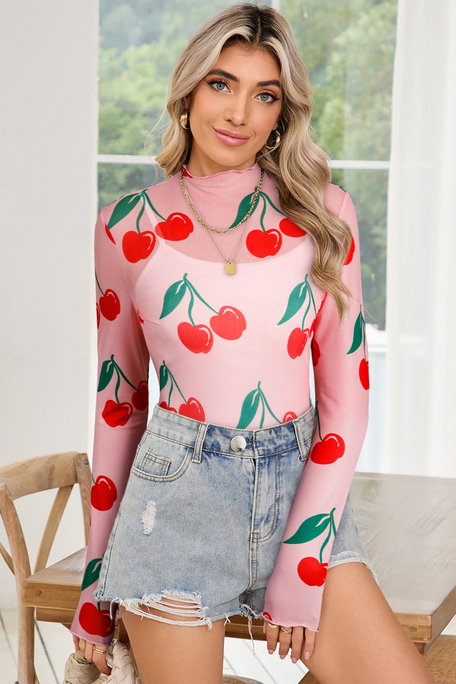Pink Cherry Print Lettuce Trim Long Sleeve Mesh Top e132218be9cfb001