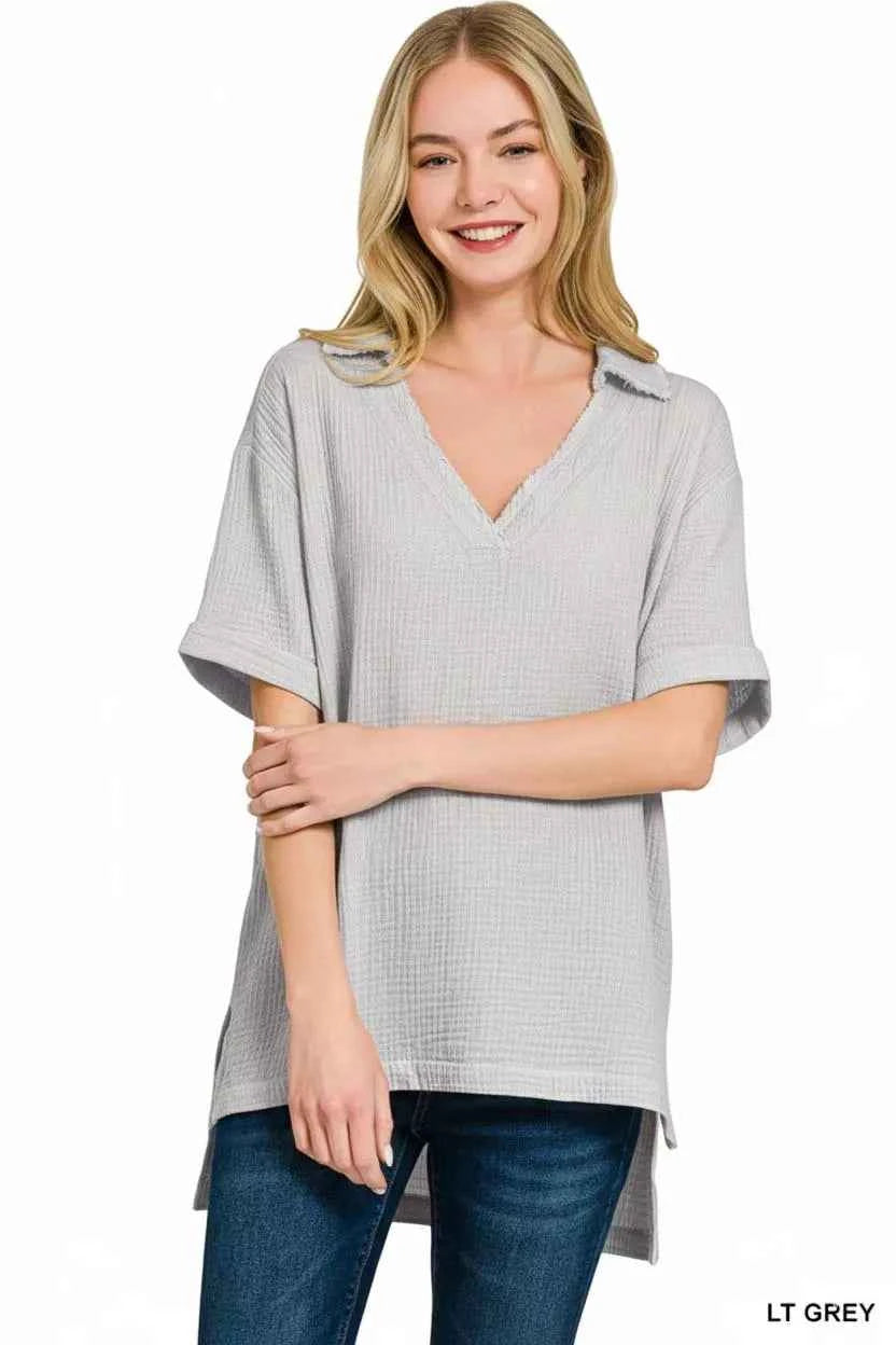 Zenana Double Gauze Short Sleeve High-Low Top e1387919-17c3-41fe-b3cc-575f2fa6a488-Max-Origin