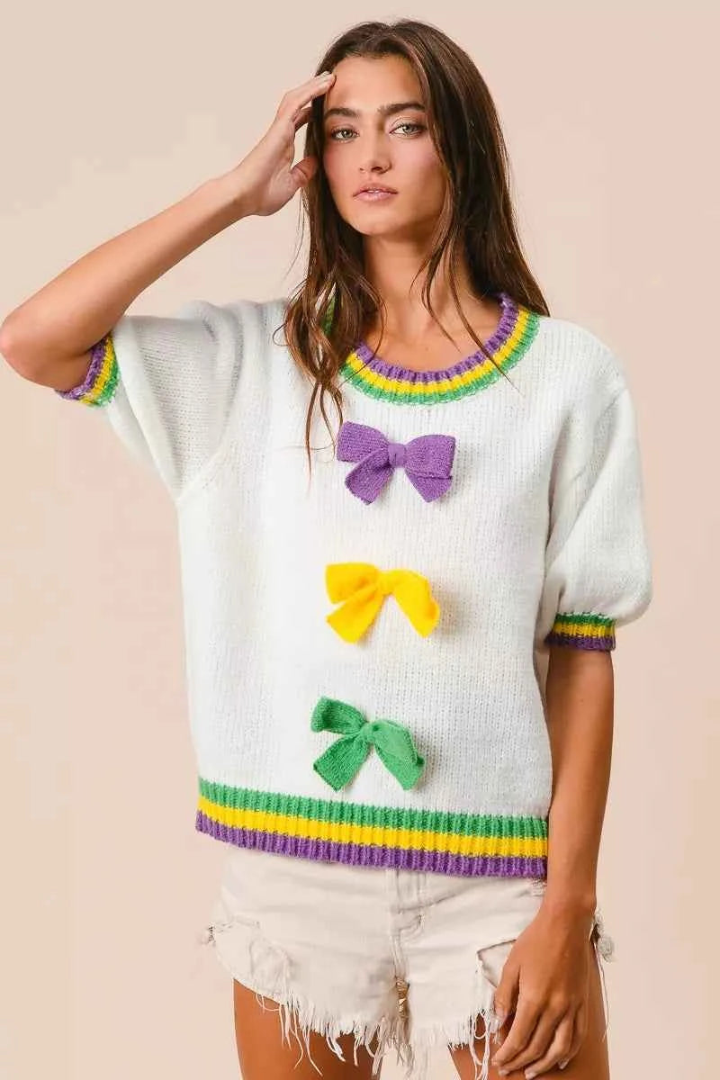 BiBi Short Puff Sleeve Ribbon Bow Mardi Gras Sweater e13c97b7013942b0ab6a4c35a818e017-Max-Origin