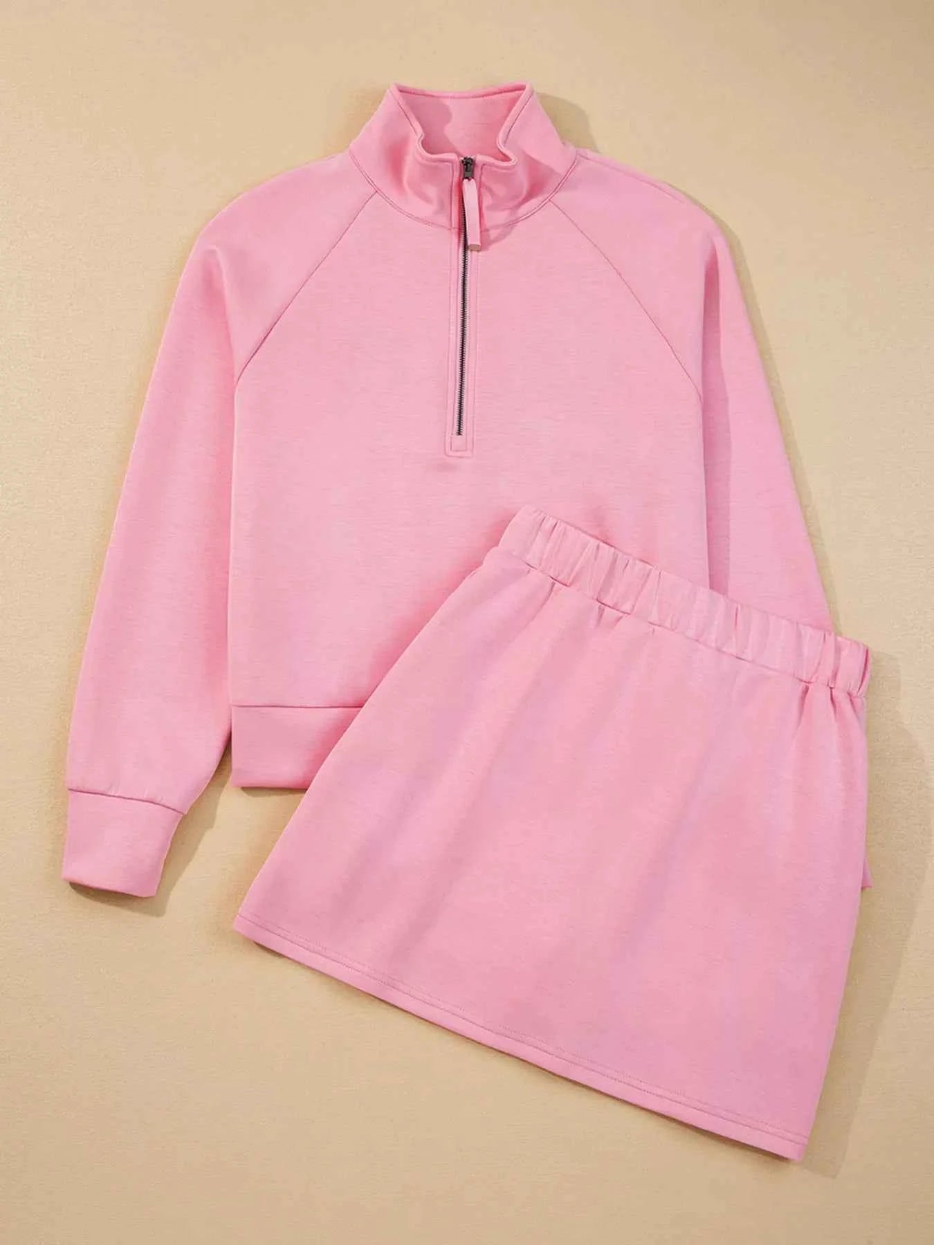 Half Zip Long Sleeve Top and Mini Skirt 2pcs Outfit e1435f0c937b408099fbe560effca5a1-Max-Origin