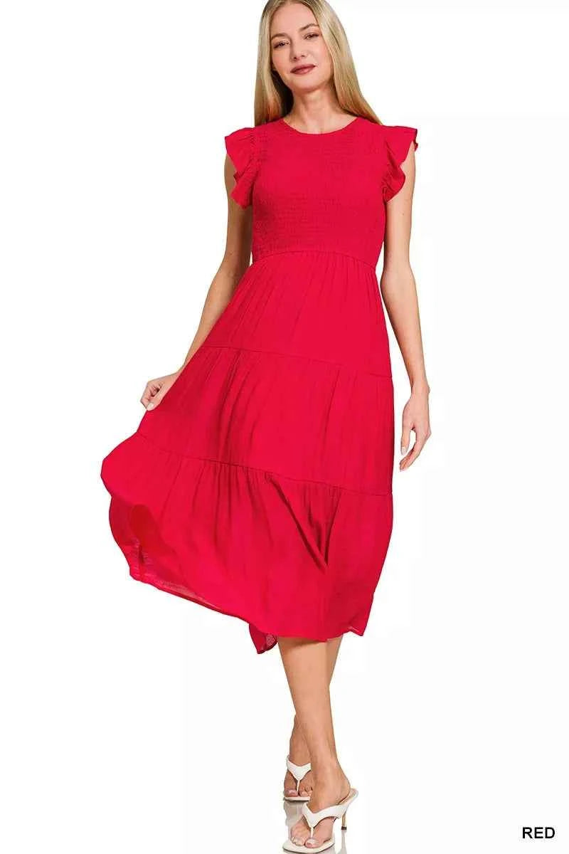 Zenana Woven Smocked Ruffle Sleeve Midi Dress RED e144f220041d46699387d73cecb6fb7b-Max-Origin