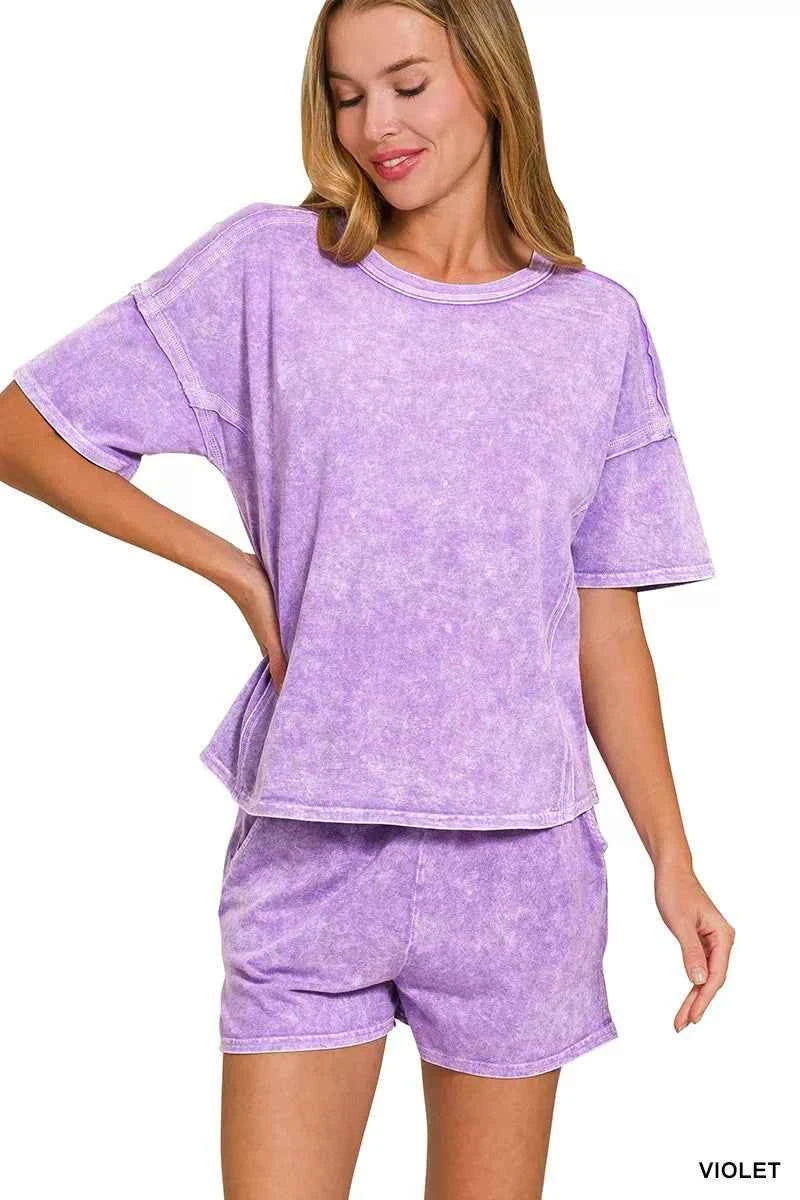 Zenana Halo Snow Washed Short Sleeve Tee and Shorts Set VIOLET e14d5d1635114e949318a92b02ee0423-Max-Origin
