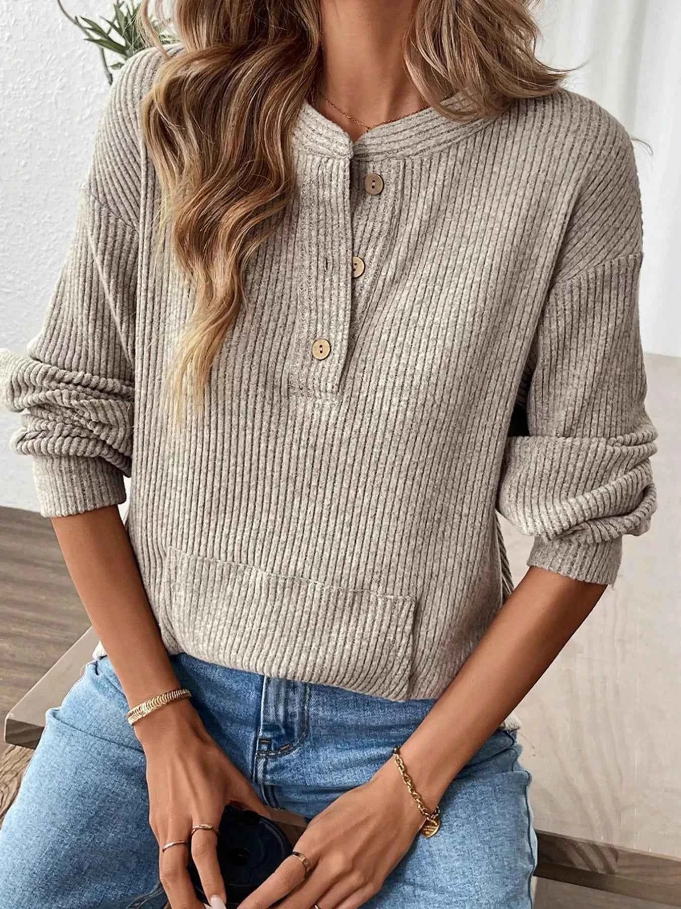 Button Detail Long Sleeve Top Khaki e14ee3f5a7cf455e907d0f017f2f25f2-Max-Origin