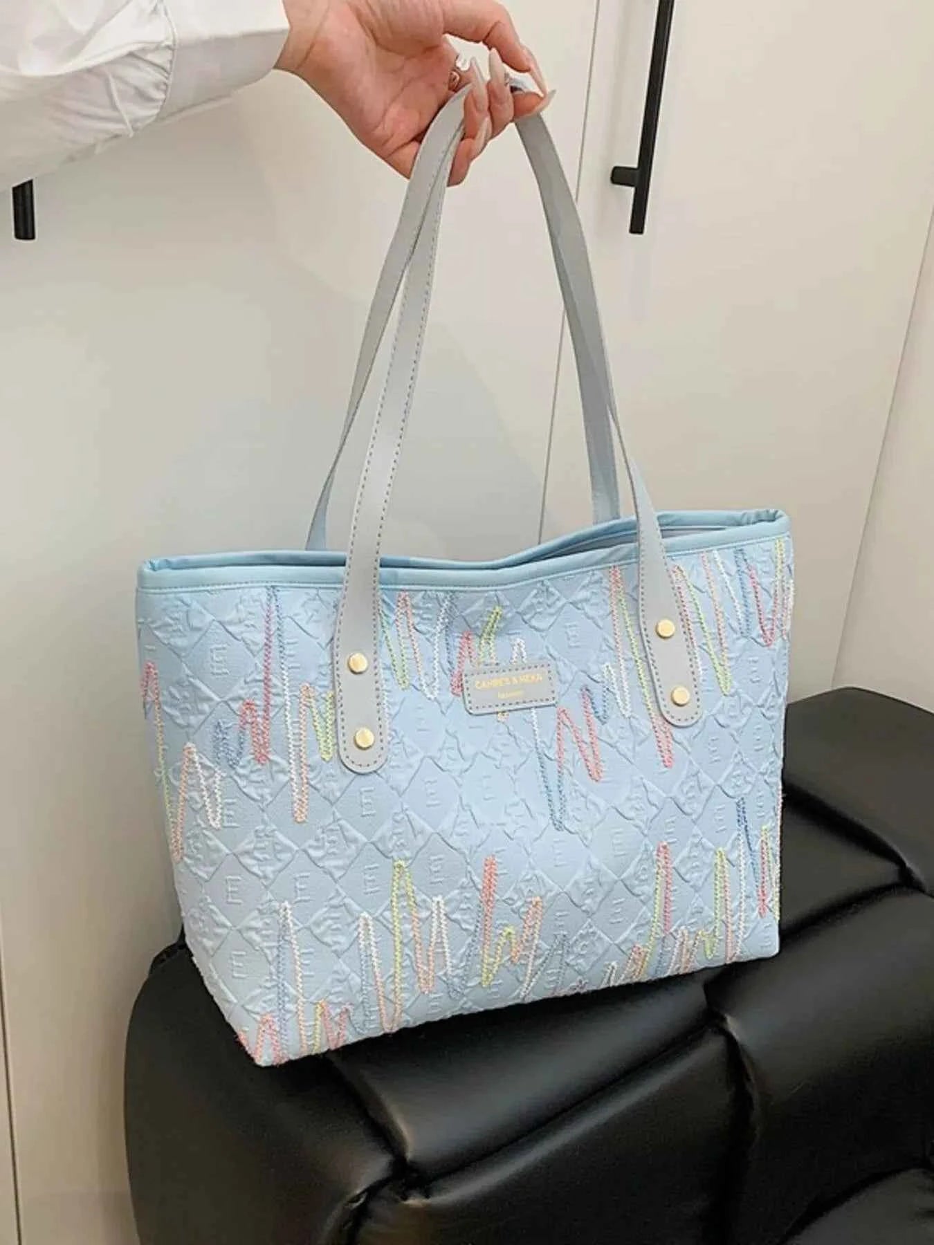 Contrast PU Leather Tote Bag Blue One Size e15435d1-44c3-475c-a14e-79237b8d93d1-Max-Origin