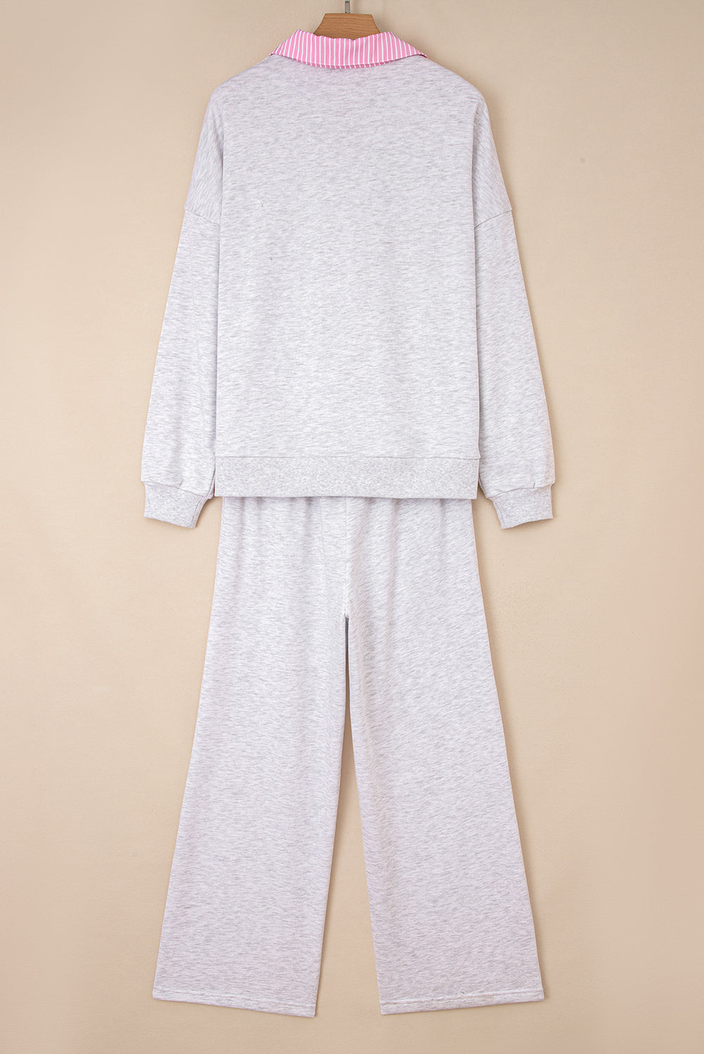 Light Grey Stripe Patchwork Loose Long Sleeve Top Drawstring Waist Pants Set e156135d4801a2ca