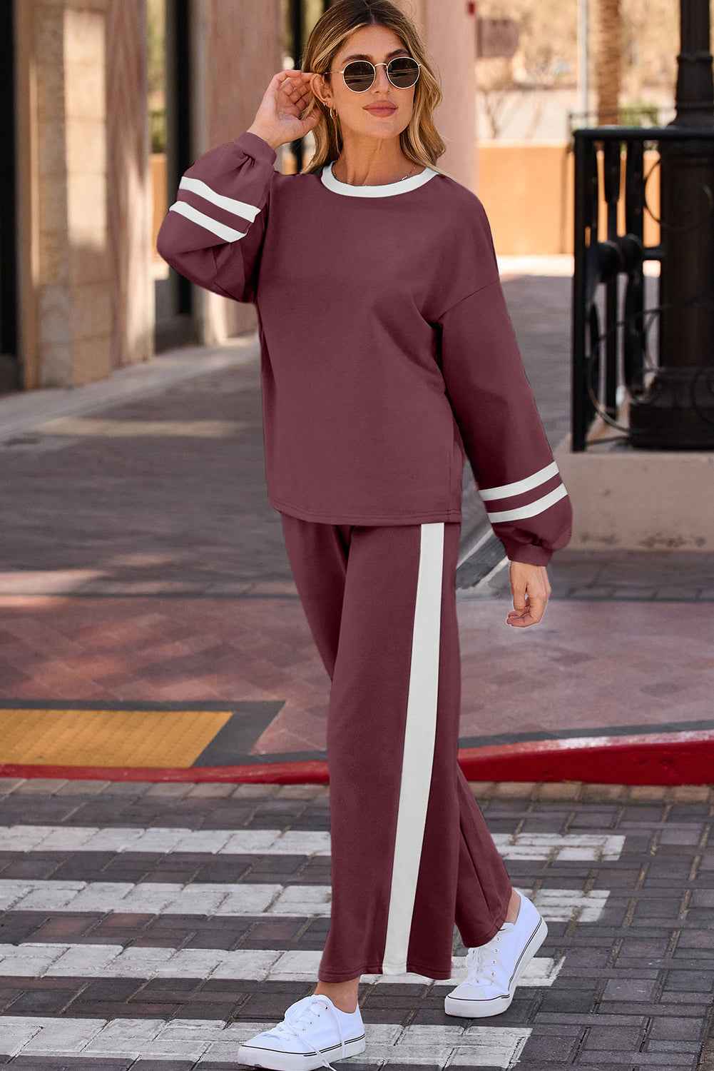 Mineral Red Varsity Stripe Patchwork Puff Sleeve Pullover Drawstring Wide Leg Pant Set e156ae6150e9c6f1