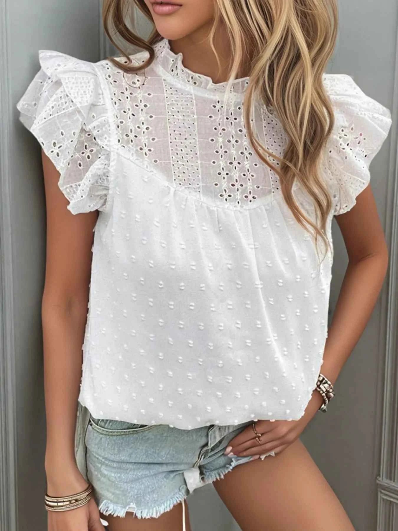 Eyelet Swiss Dot Cap Sleeve Blouse e15c09126d2f41f7af4fb08b2f0d36fb-Max-Origin
