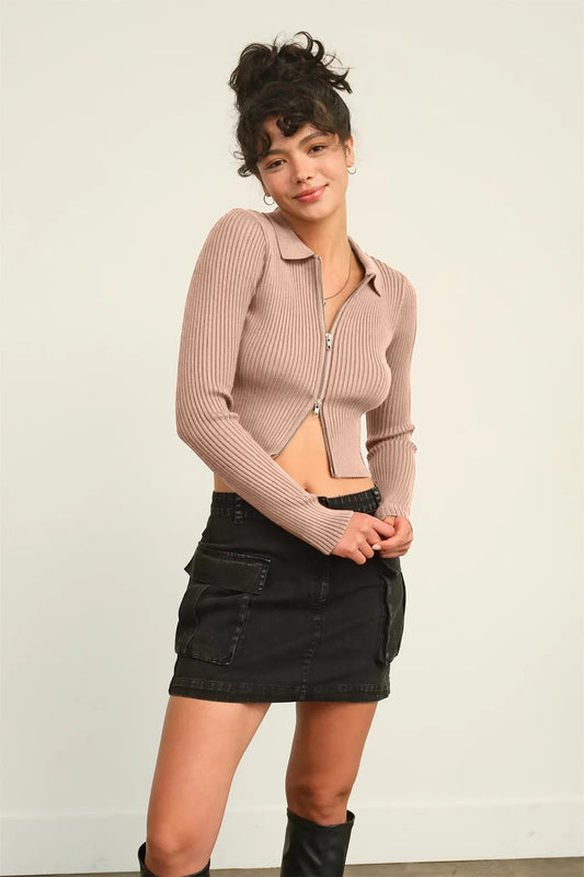 Ribbed Double Zip Cropped Cardigan e15d56c6-c6b1-473f-90bd-416ee410e72c-Max