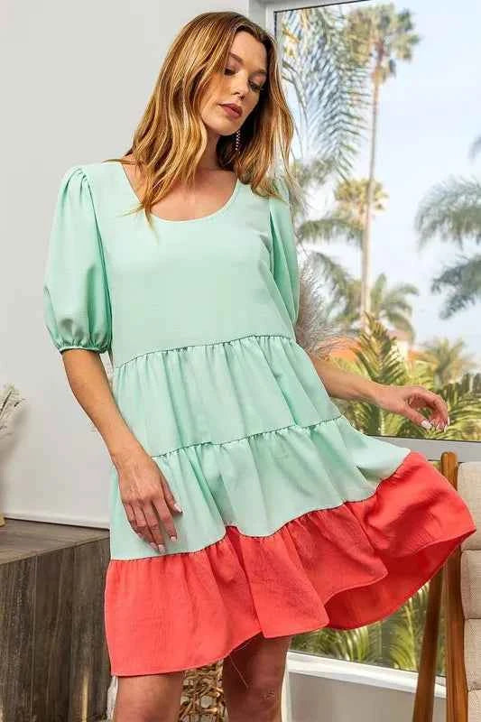 Two-Tone Balloon Sleeves U Neck Tiered Ruffle Hem Mini Dress e161ead83dbe4044b7bd7eab4163f1b8-Max-Origin