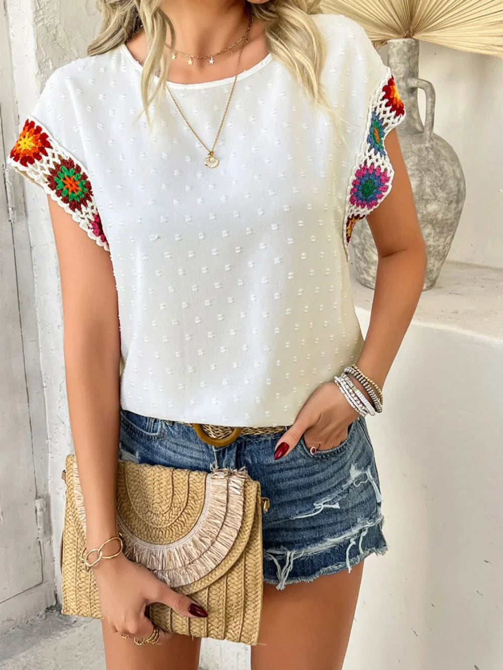 Devine Swiss Dot Round Neck Crochet Short Sleeve Top e16f9512-03de-4608-a8e8-df2d50f25d94-Max