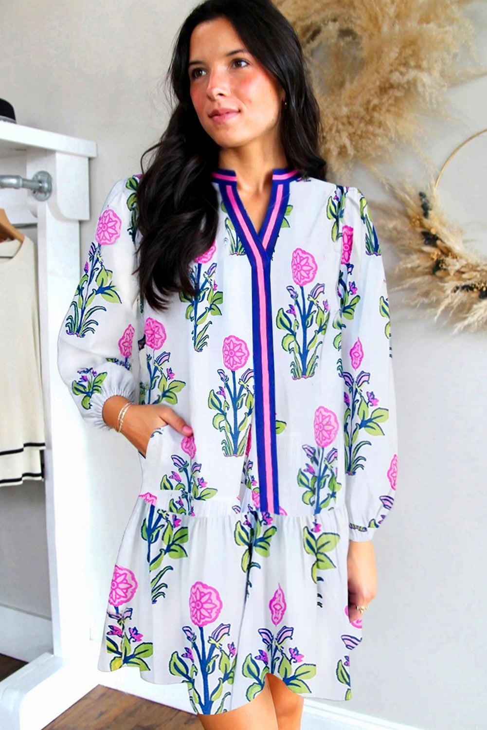 Sky Blue Floral Print Pop of Color V Neck Mini Dress e16fd7dcebdbcff4