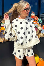 Sky Blue Polka Dot Print Drop Shoulder Pullover Drawstring Shorts Set e170bd8e6094711a