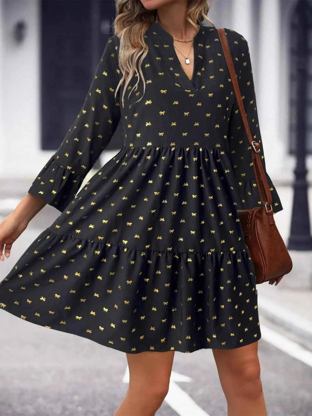 Bow Notched Long Sleeve Dress e17166d25ef944169aea6c0ac98f9842-Max-Origin