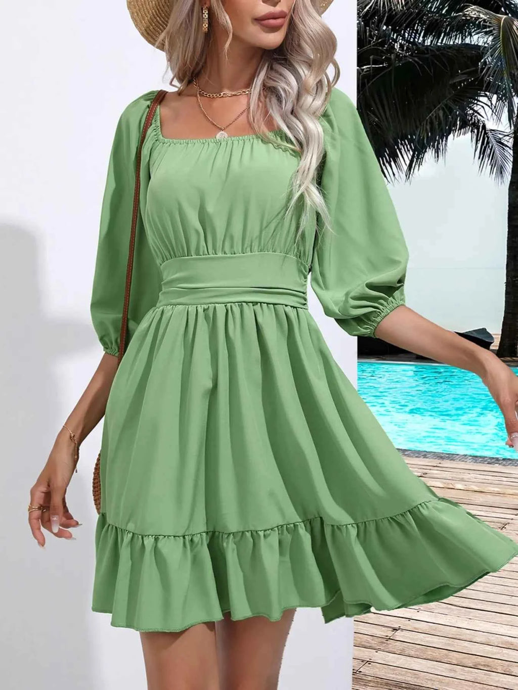 Tie Back Ruffled Hem Square Neck Dress e172fd15-9b6f-4a79-a874-063ebaf9d484-Max-Origin