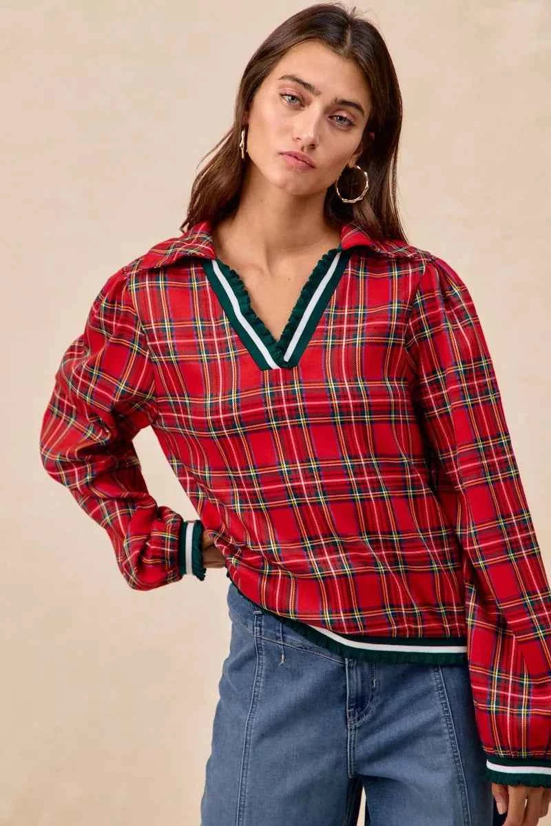 BiBi Christmas Plaid Collared Top with Ruffled Detail e1779dcfca4a4629a6f8a33f754806fd-Max-Origin