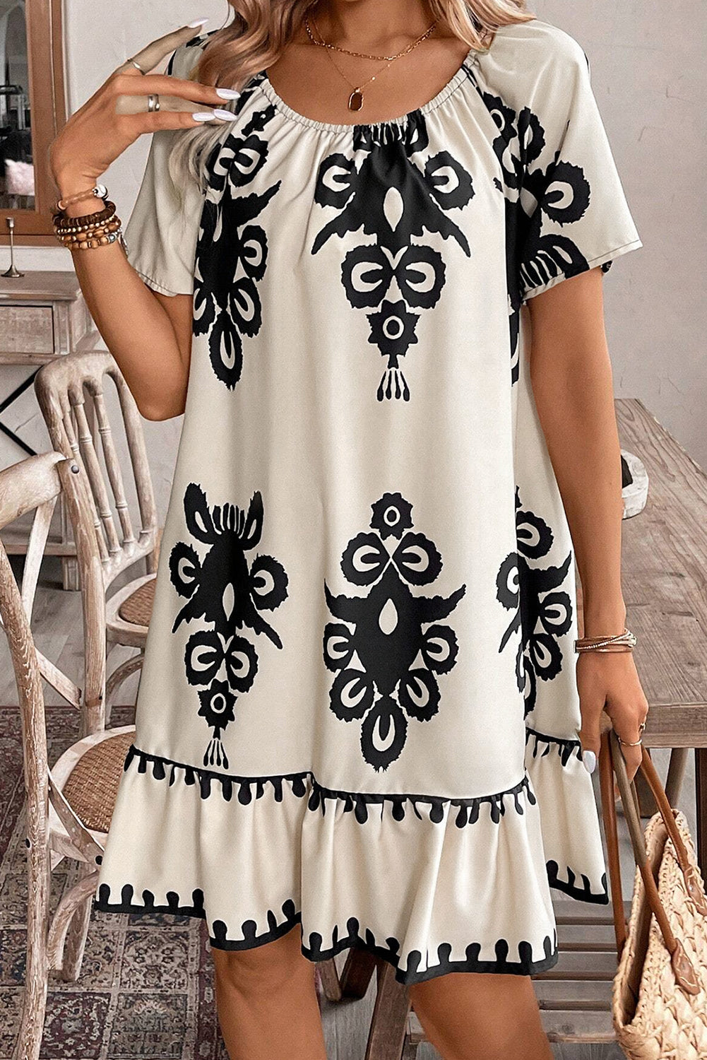 Apricot Ethnic Print Ruffle Hem Loose Mini Dress e179cd4f49531a2c