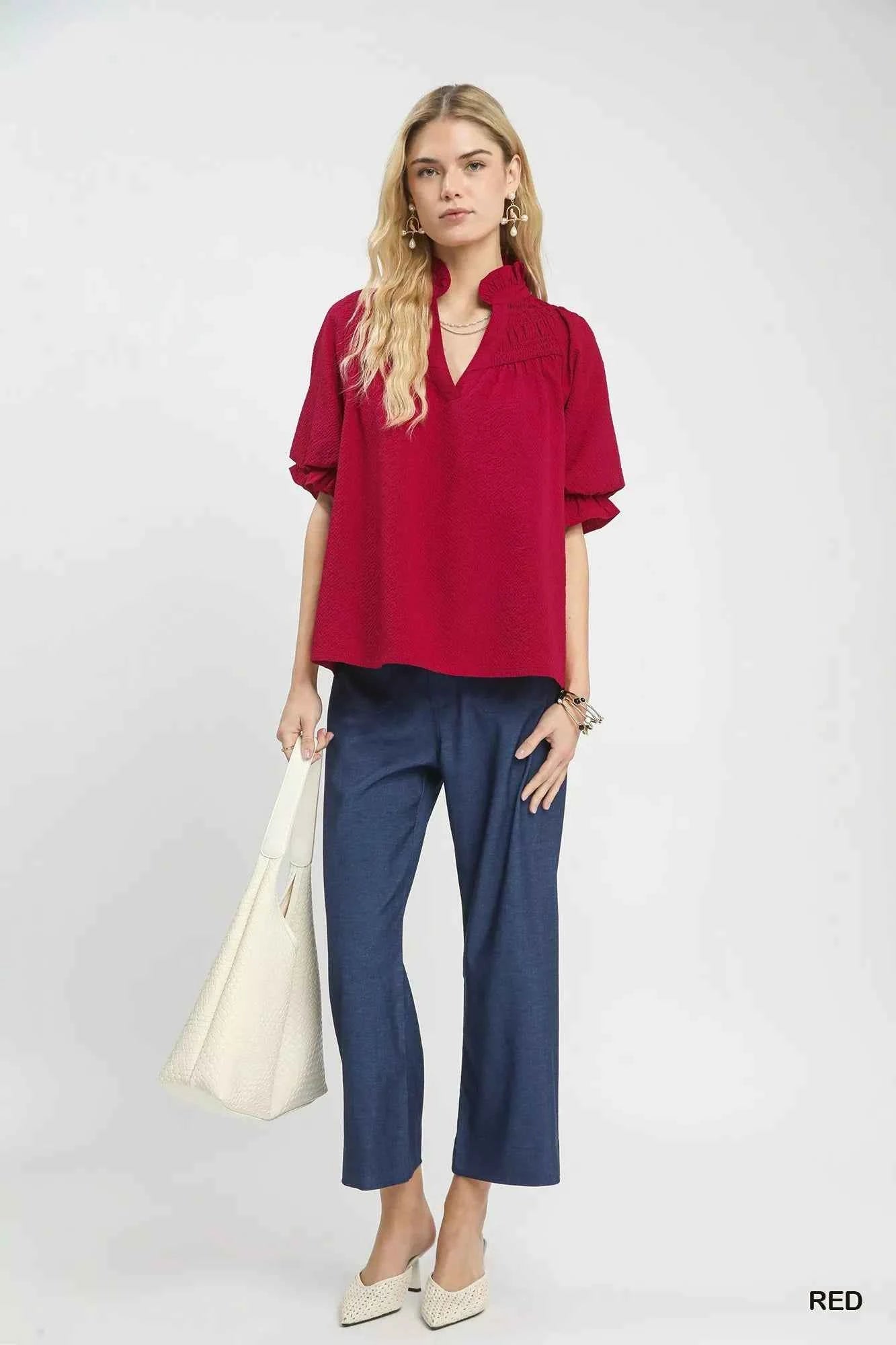 Umgee Textured Smocked Yoke Split-Neck Top e17cf9c6-befa-4778-9455-c5ce5ea4624f-Max-Origin