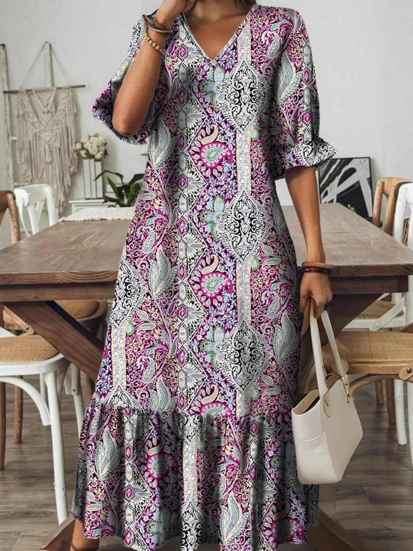 Full Size Bohemian Paisley Print V-Neck Midi Dress Plus Size