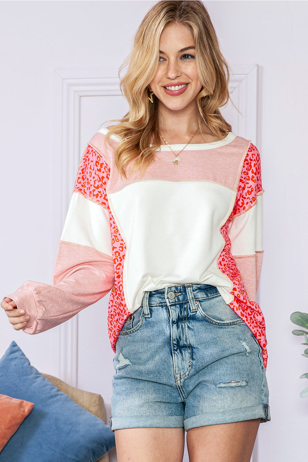 Peach Blossom Patchwork Long Sleeve Round Neck Top e1837bd81843a173