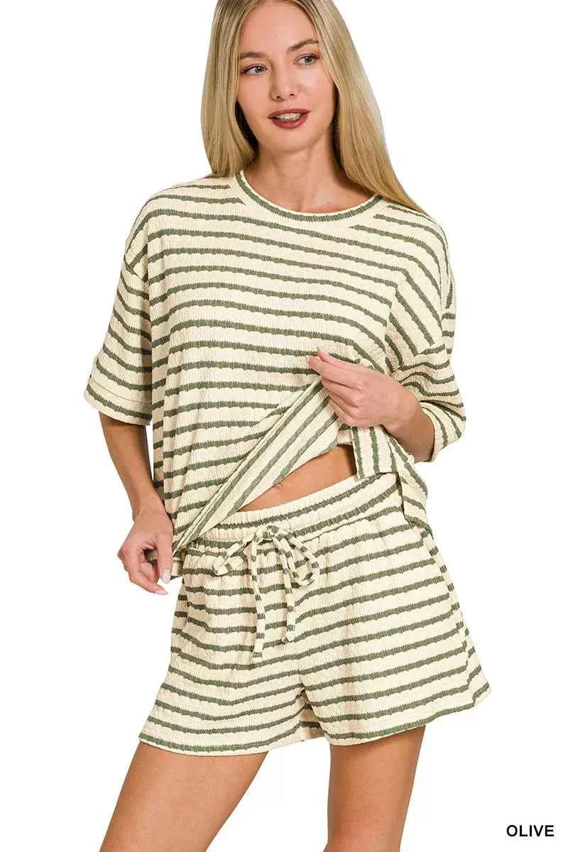 Zenana Striped Short Sleeve Tee & Shorts Set OLIVE e184c80501124c08945b153b26b5fe92-Max-Origin