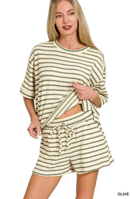 Zenana Striped Short Sleeve Tee & Shorts Set OLIVE e184c80501124c08945b153b26b5fe92-Max-Origin