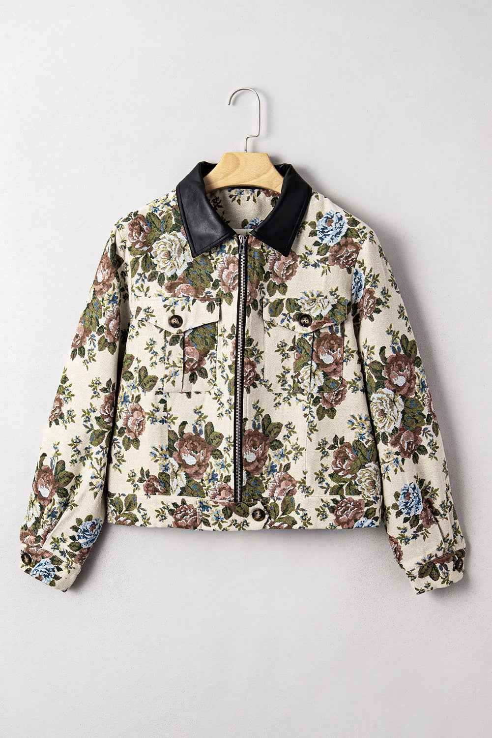 Khaki Floral Print Zip Up Contrast Collared Jacket e18515db432b2b9c