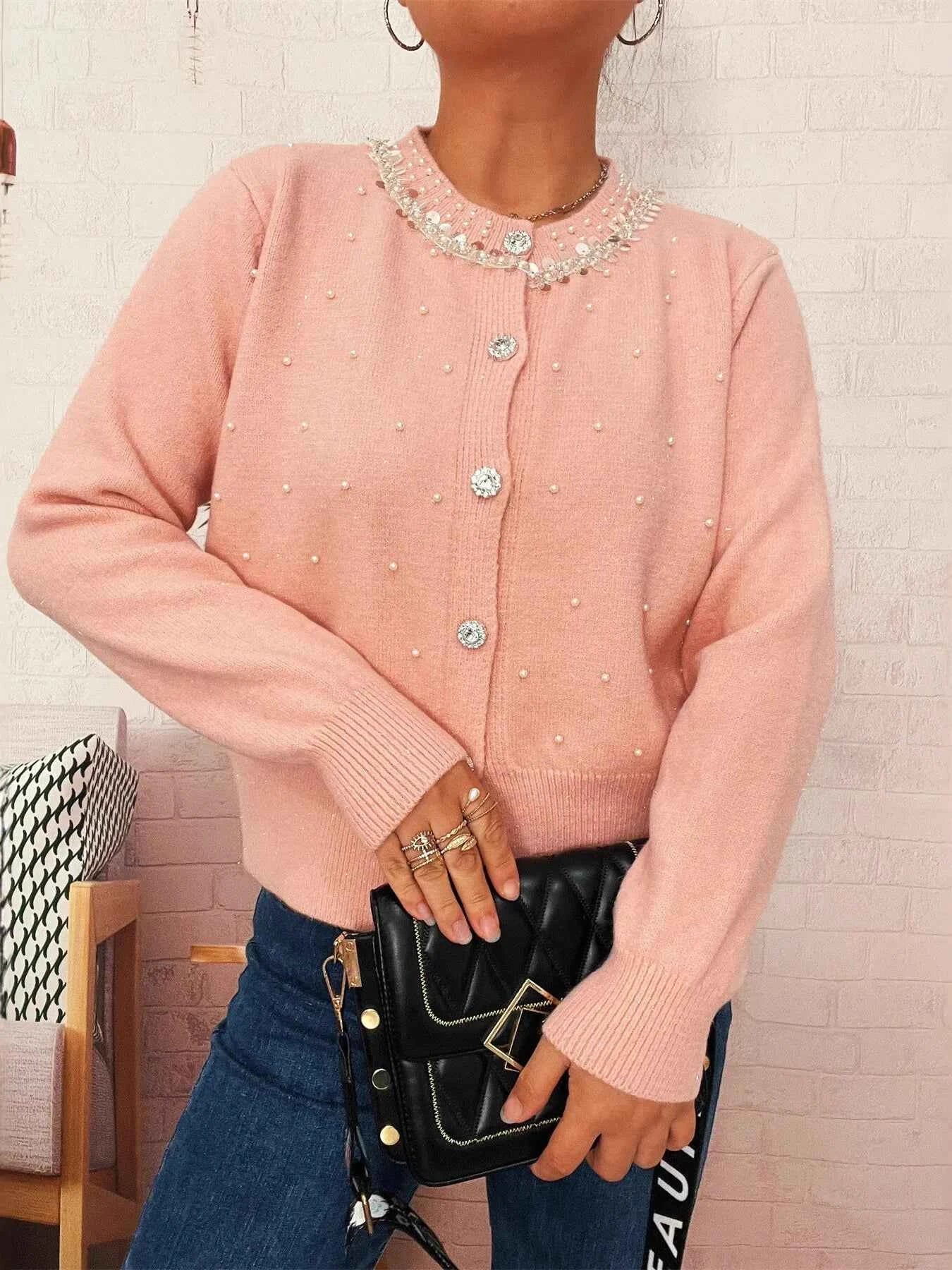 Pearl Detail Button-Front Cardigan e1853a860f054c6f8bda27ae4dc07665-Max-Origin