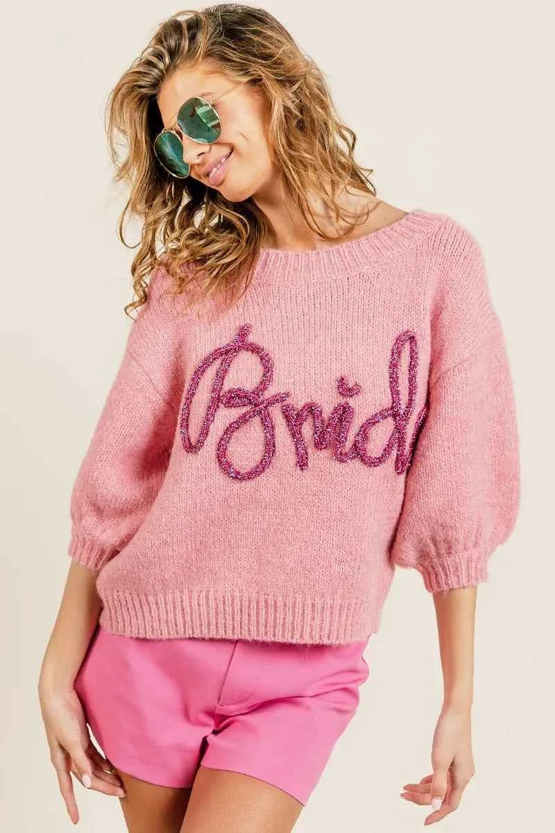 BiBi Metallic Letter Short Puff Sleeve Hairy Sweater PINK e18a88fde61a4f22b9a84ba1377c6e56-Max-Origin