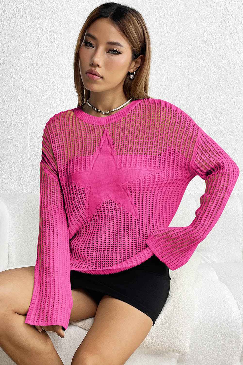 Rose Star Pattern Lightweight Hollow Knit Sweater e18ab0f56db12fca