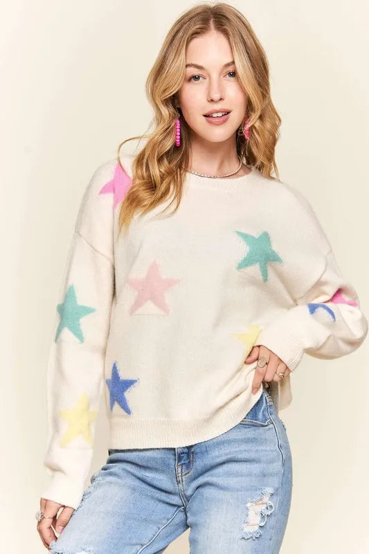 ADORA Stars Pattern Round Neck Drop Shoulder Sweater Ivory e18f398c-4700-40a0-bef4-7c7689fa2441-Max