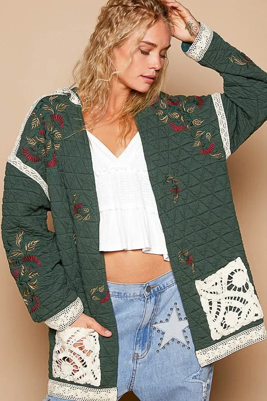 POL Embroidered Open Front Quilted Jacket with Crochet Pockets Dark Green e18faecf-16a9-41c6-a30d-3d6c962ca657-Max