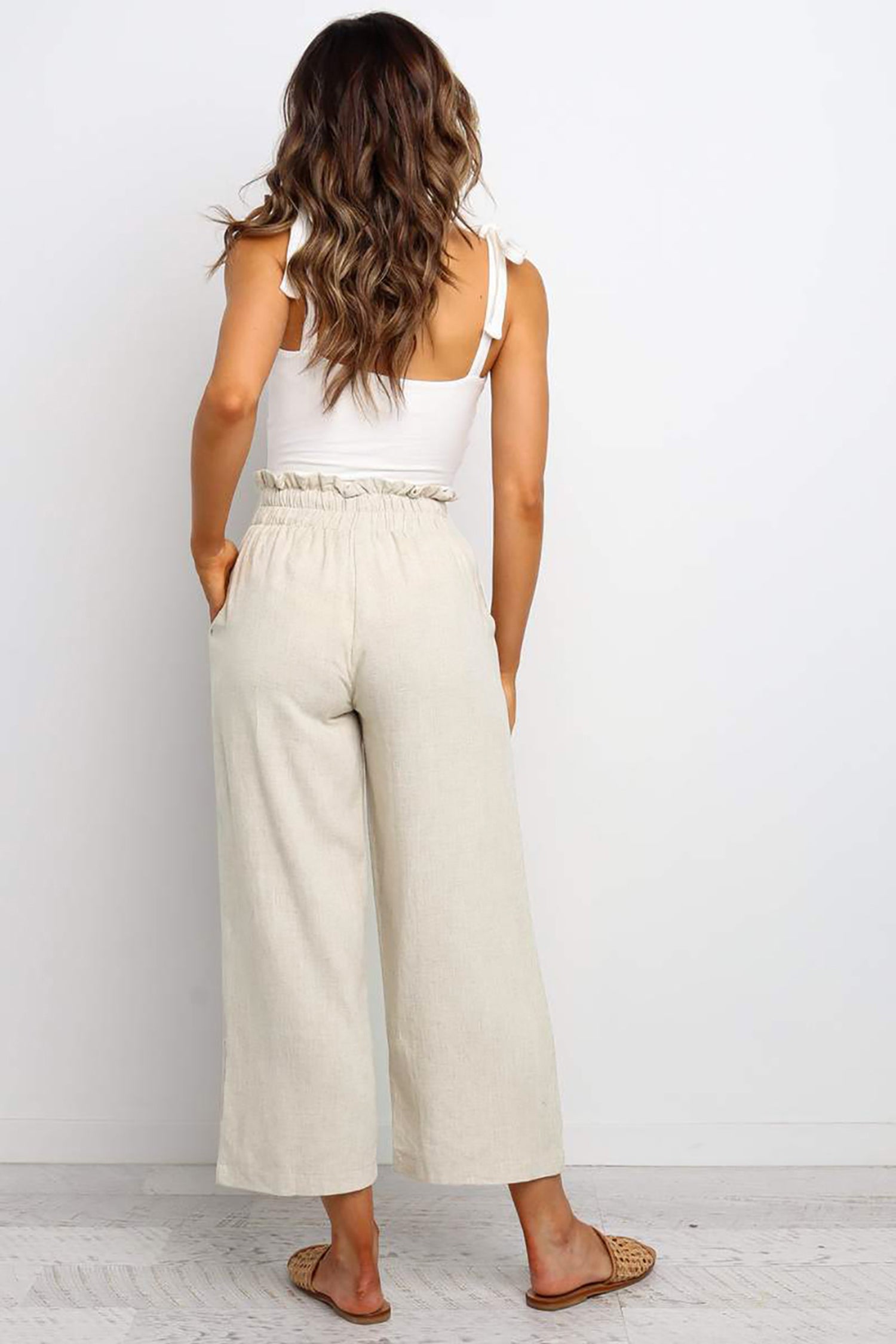 Khaki Paperbag Waist Straight Leg Cropped Pants e194d8ddd10a91c1