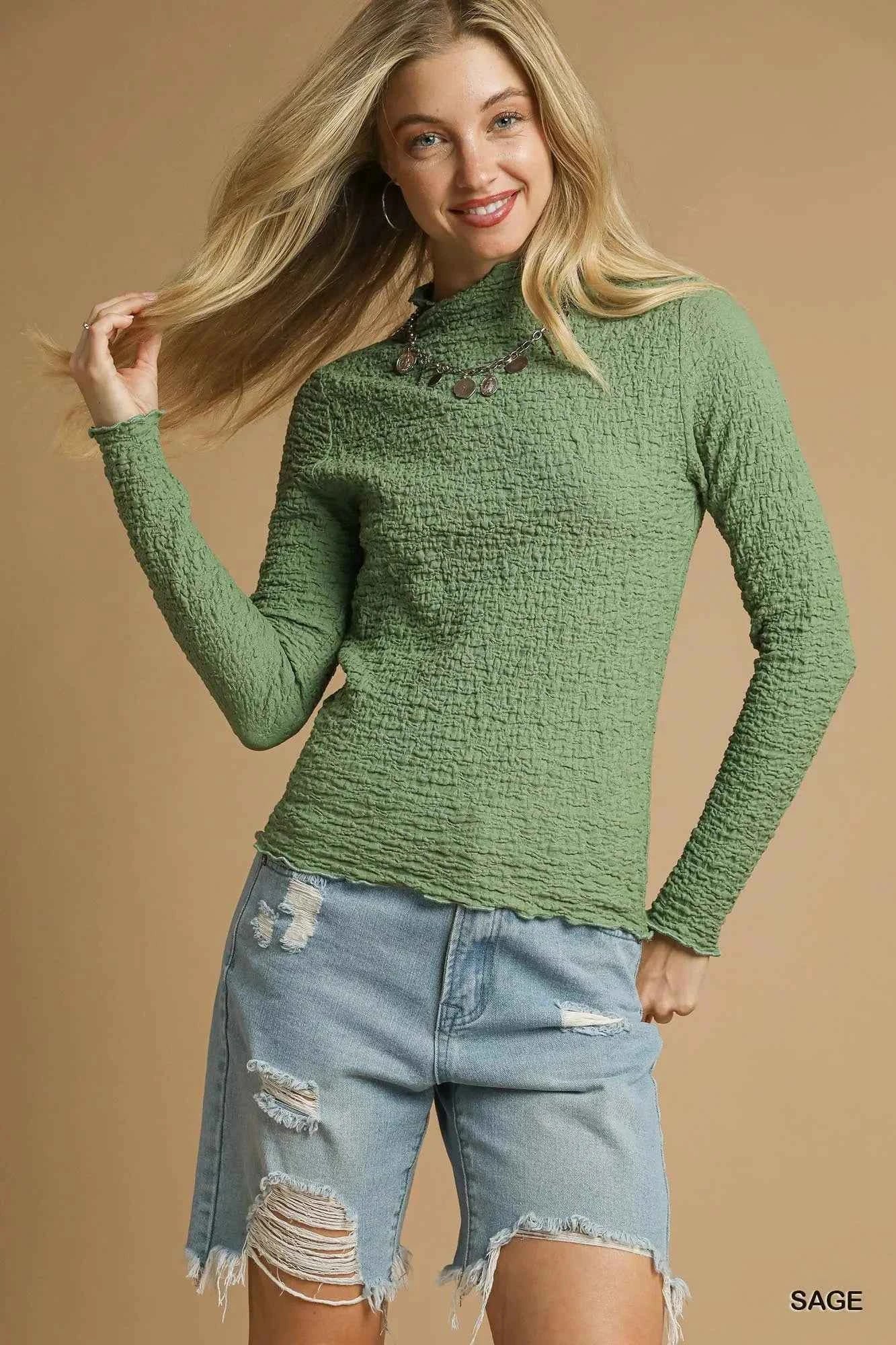 Umgee Textured Crinkle Knit Long Sleeve Top