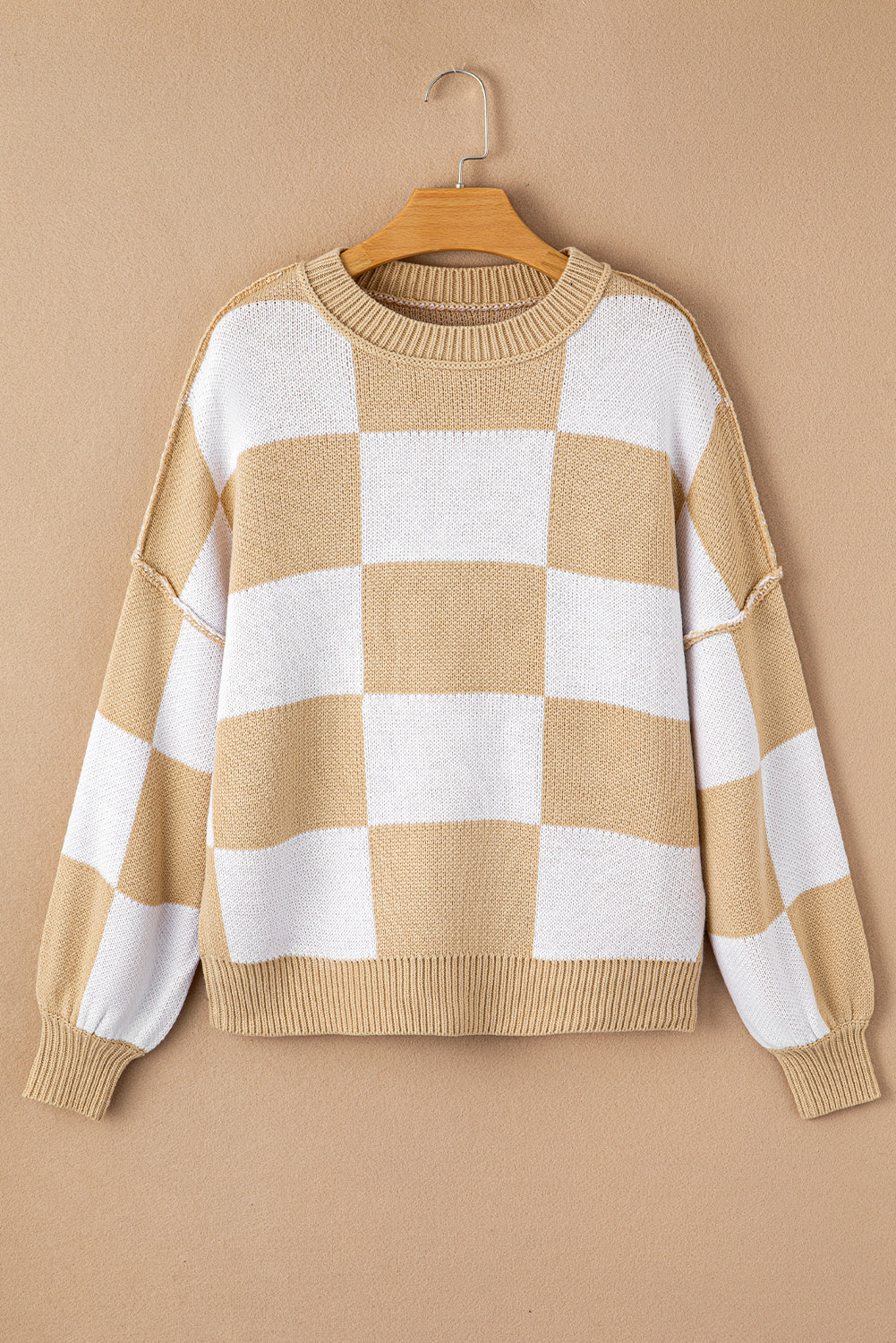 Orange & White Plaid Exposed Seam Bishop Sleeve Sweater e196e2559cf1ac41