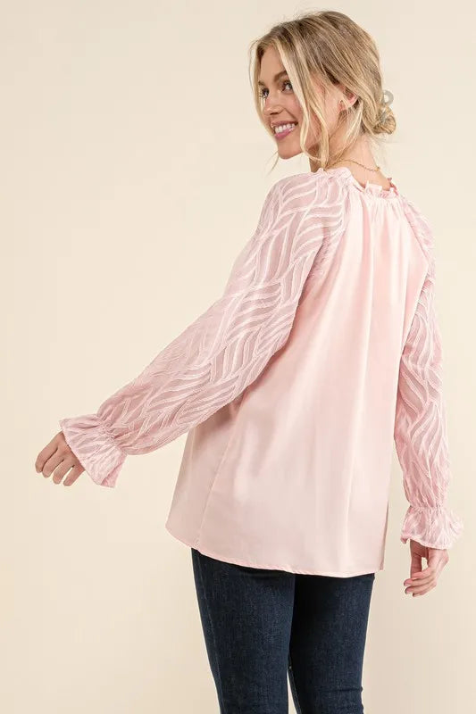 Leaves Shape Textured Sleeve Blouse - Sheer Ruffled Top e19c0b639de342df9057d27f667b8602-Max-Origin